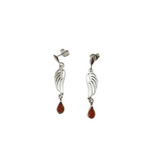 Wings Cognac Amber Sterling Silver Post Dangle Earrings