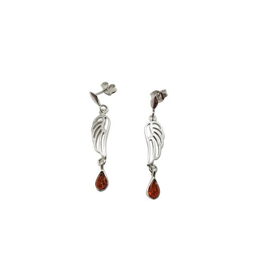 Wings Cognac Amber Sterling Silver Post Dangle Earrings